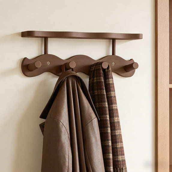 Bxaolu Coat Rack Wall Mount with Shelf, Wood Wall Hooks with Shelf, Heavy Duty Entryway Shelf with 4 Hooks for Hanging Key Towel Hat Purse, Bathroom Bedroom, Rustic