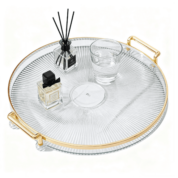 Bxaolu Coffee Table Tray, Round Plastic Decorative Serving Tray with Handles, 11.8" Versatile Ottoman Tray for Coffee Table, Entertaining, Outdoor Patio, Living Room(11.8", Clear)