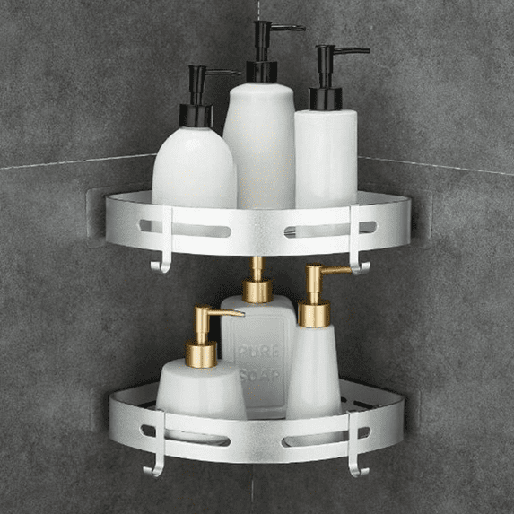 Bxaolu Adhesive Corner Shower Caddy with Hooks, Wall Mounted Bathroom Shower Organizer, No Drilling Rust Proof Aluminum Shower Shelf for Inside Shower 2 Pack(Silver)