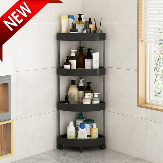 Bxaolu Corner Shower Caddy Organizer - 4 Tier Floor Standing Shower Organizer, Plastic Metal Splicing Corner Shower Shelf with Rolling Wheels for Home Bathroom