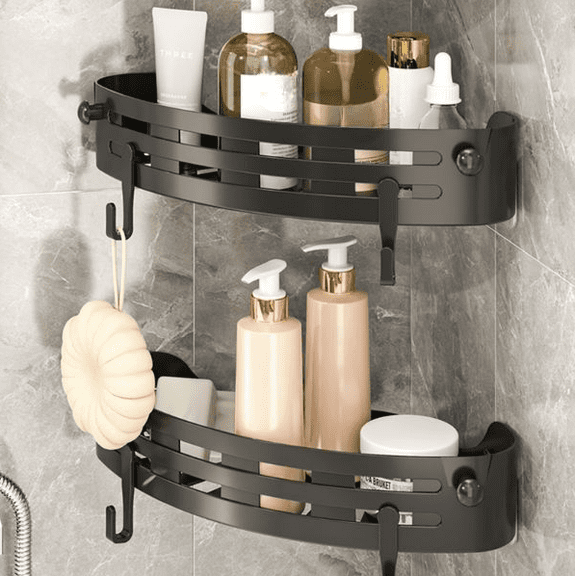 Bxaolu Corner Shower Caddy Plastic with 2 Hooks Wall Mounted Bathroom Shelf Storage Organizer Adhesive No Drilling 2 Pack, Black Only for 90-Degree Corner