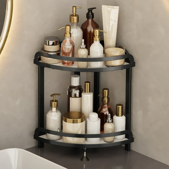 Bxaolu Corner Shower Caddy Standing - 2 Tier Shower Organizer Corner with Soap Holder, Rustproof Bathroom Standing Organizer, Kitchen Spice Rack Standing Shelf, Black