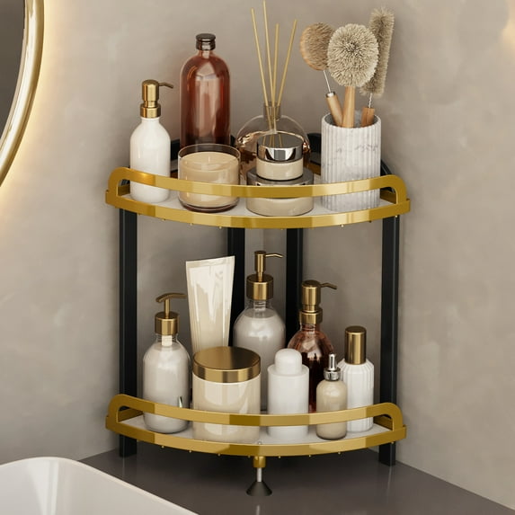 Bxaolu Corner Shower Caddy Standing - 2 Tier Shower Organizer Corner with Soap Holder, Rustproof Bathroom Standing Organizer, Kitchen Spice Rack Standing Shelf, Gold