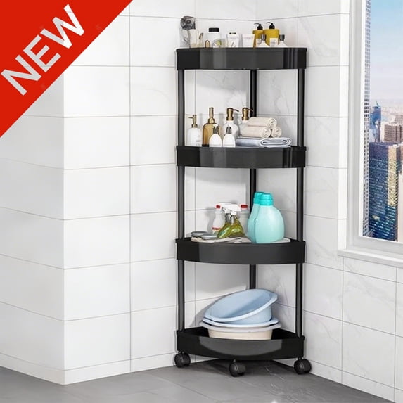 Bxaolu Corner Shower Caddy Standing, 4 Tier Plastic Shower Organizer with Wheels, Floor Shower Corner Shelf Rack Storage Stands for Bathroom, Kitchen, Black