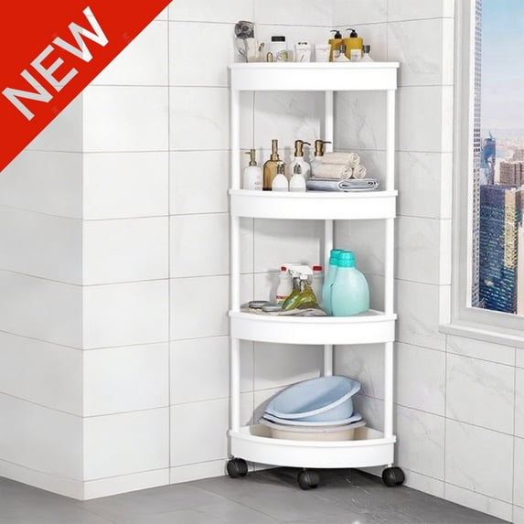 Bxaolu Corner Shower Caddy Standing, 4 Tier Plastic Shower Organizer with Wheels, Floor Shower Corner Shelf Rack Storage Stands for Bathroom, Kitchen, White