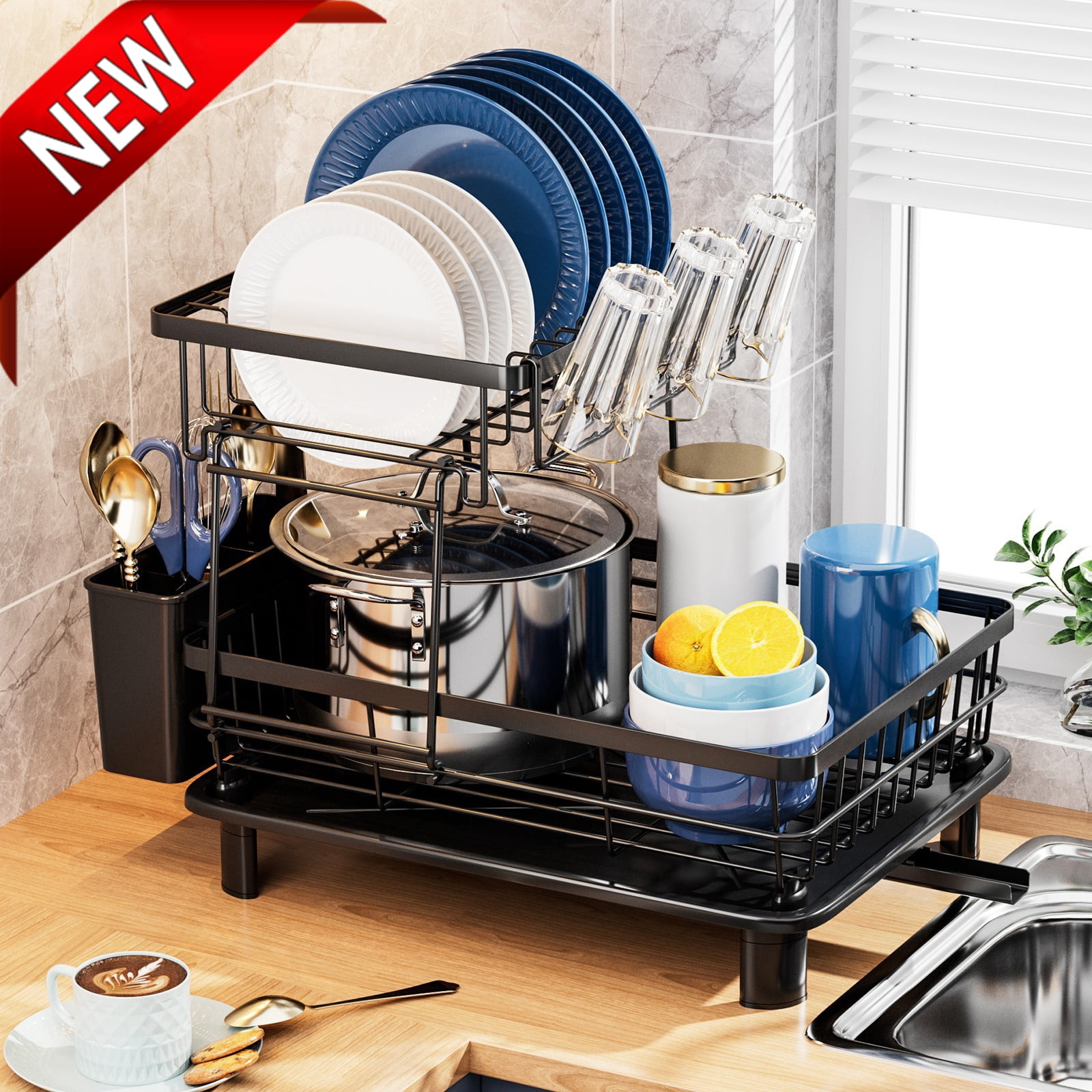 Bxaolu Dish Drying Rack - 2 Tier Small Dish Racks for Kitchen Counter with Drainboard, Utensil & Glass Holder, Small Dish Dryer Rack, Multifunctional Dish Drainer for Kitchen Organization, Black