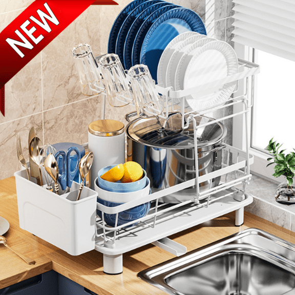 Bxaolu Dish Drying Rack - 2 Tier Small Dish Racks for Kitchen Counter with Drainboard, Utensil & Glass Holder, Small Dish Dryer Rack, Multifunctional Dish Drainer for Kitchen Organization, White