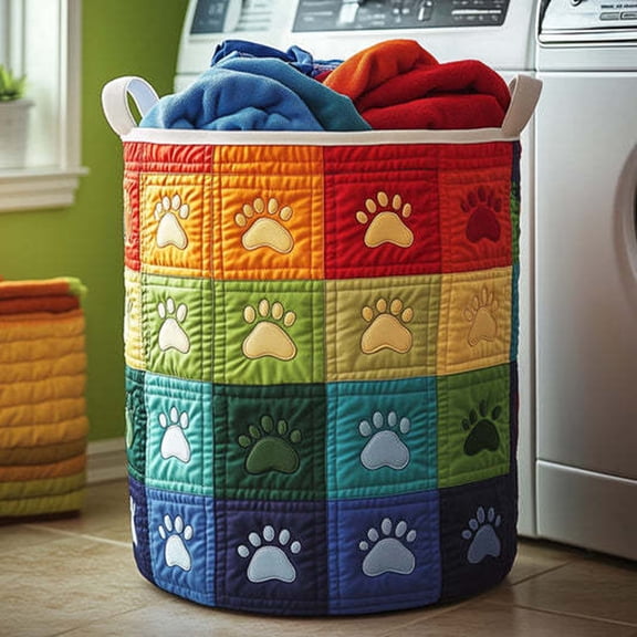 Bxaolu Dog Paws Quilted Laundry Basket Boho Fabric Floral Storage Hamper for Nursery Bedroom Laundry Room Clothes Toys ( 140L Large)