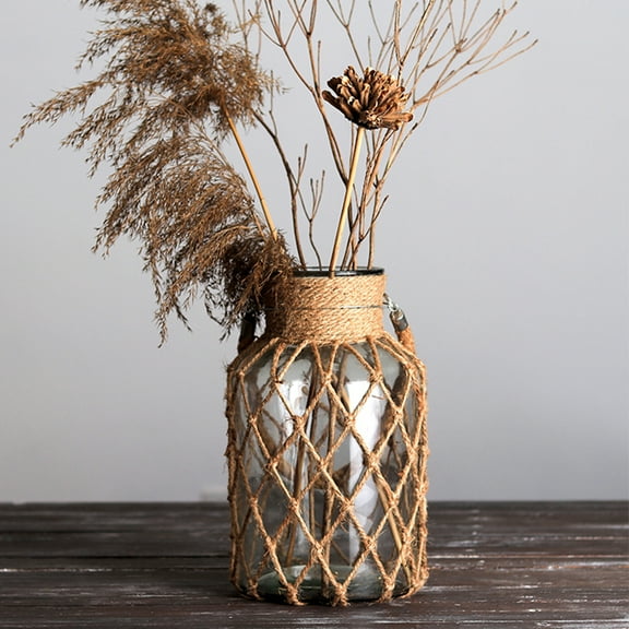 Bxaolu Dry Flower Glass Vase 7.8Inches Wicker Farmhouse Vase for Centerpieces&nbsp;Decor for Wedding Tables Home Rustic Hanging Mason Jar Rope Wrapping Decorative Bottles Nautical Decor