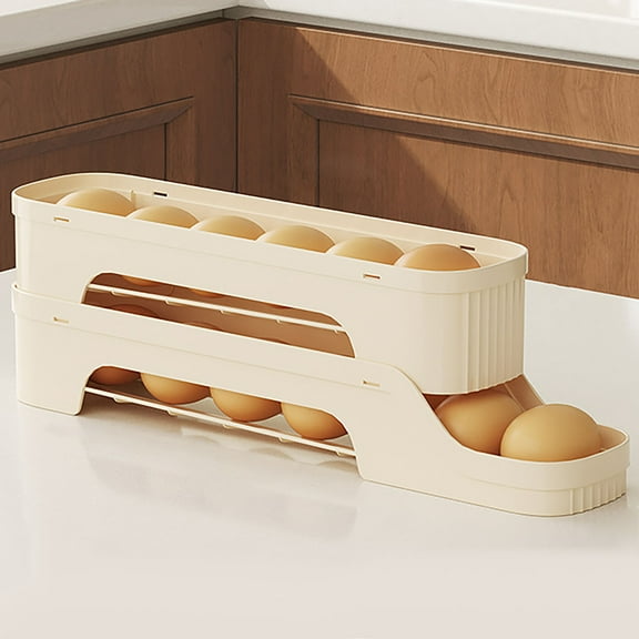 Bxaolu Egg Dispenser, Space-Saving Rolling Eggs Dispenser and Organizer for Refrigerator Storage(Beige, 2-Tier)