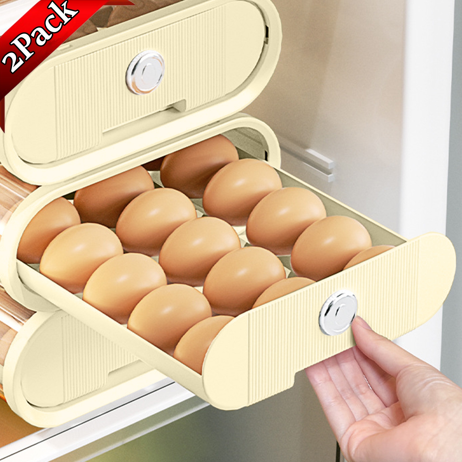 Bxaolu Egg Storage for Refrigerator, Egg Holder for Kitchen Countertop, Plastic Egg Container for Fridge, Egg Dispenser for 18 Eggs (2Pack, Beige)