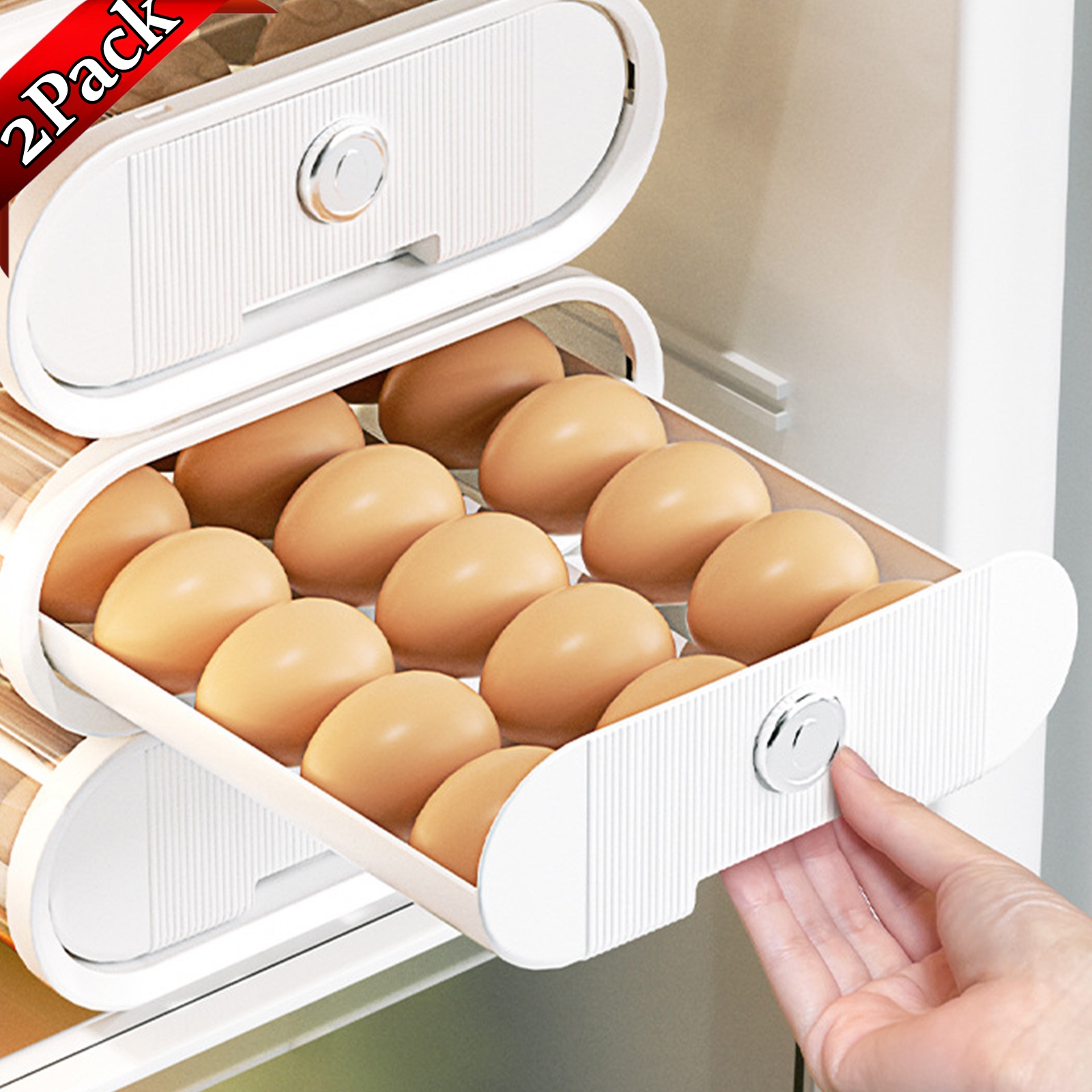 Bxaolu Egg Storage for Refrigerator, Egg Holder for Kitchen Countertop, Plastic Egg Container for Fridge, Egg Dispenser for 18 Eggs (2Pack, White)