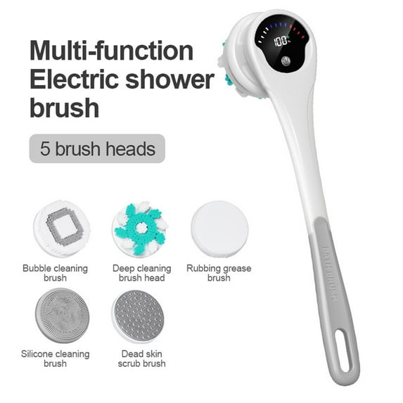 Bxaolu Electric Body Brush Back Scrubber for Shower Rechargeable Exfoliating Bath Brush Powered Shower Brush with Long Handle Deep Cleansing 5 Heads, Exfoliation, Massaging - Gray