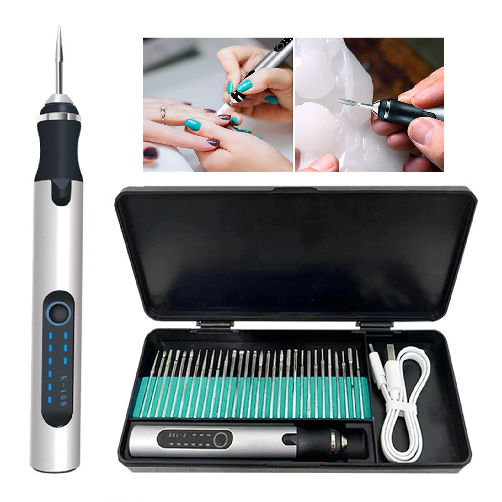 Bxaolu Electric Engraving Pen with 30 Bits, Cordless Engraver Pen USB Rechargeable, Portable DIY Rotary Engraver Machine for Jewelry Wood Glass Stone Carving (Silver)