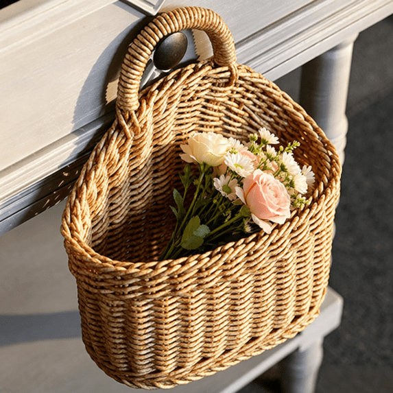 Bxaolu Elegant Boho Farmhouse Hanging Basket for Wall Hanging Wicker Wall Baskets for Storage, Decor, Space-Saving Rattan Door Basket for Kitchen, Bathroom, Bedroom, Living Room Organization