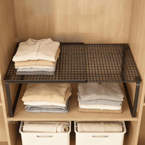 Bxaolu Expandable Cabinet Shelf Organizer 15-24" L Stackable Kitchen Counter Shelf Rack Sink Riser Countertop Storage, Black (Normal 10.5”D)