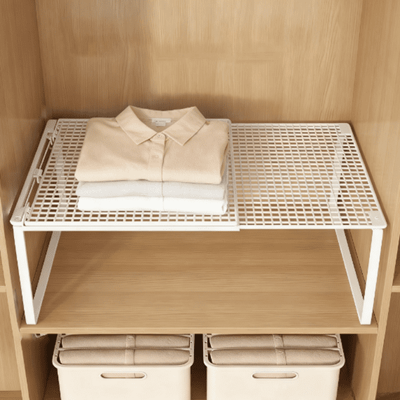 Bxaolu Expandable Cabinet Shelf Organizer 15-24" L Stackable Kitchen Counter Shelf Rack Sink Riser Countertop Storage, White (Normal 10.5”D)