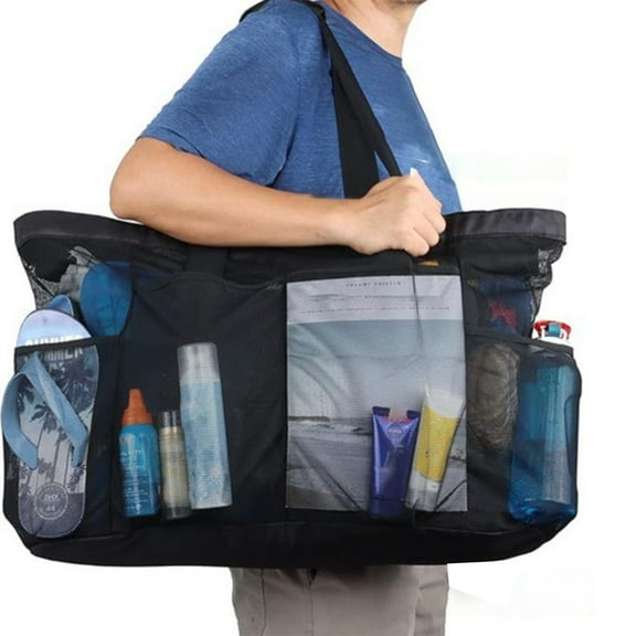 Bxaolu Extra Large Beach Bag, Mesh Tote with Zipper and Pockets Ideal for Your Family Beach Trip