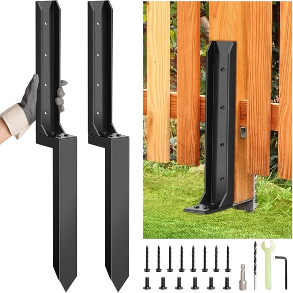Bxaolu Fence Post Repair Kit - Quick Fix Broken/Leaning 4x4/6x6 Wood Posts Support with One-Piece Steel Anchor & Stakes (Thickened, Black-2Pack)