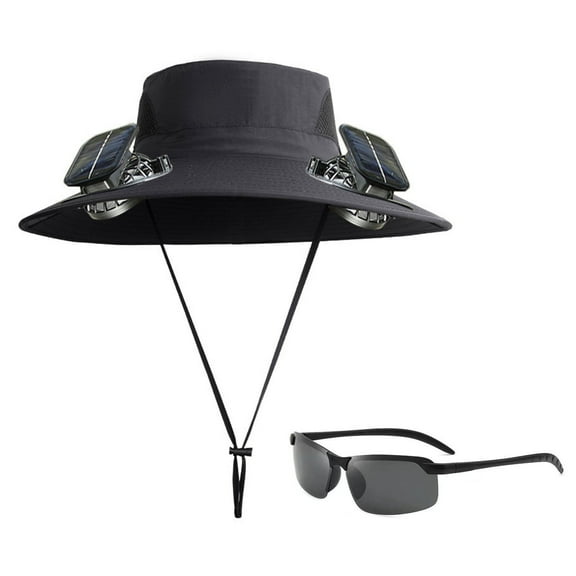Bxaolu Fishing Hats with Sunglasses, Wide Brim Sun Hat with 2 Solar Fan, USB & Solar Powered Fishing Hats, Solar Fan Hats UPF 50+ for Camping, Travel (Black)