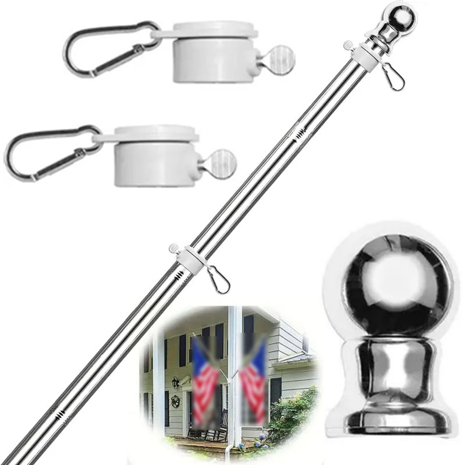 Bxaolu Flag Pole Holder for Outside House - 6Ft Heavy Duty Stainless Steel House Flag Pole Kit, No Tangle Spinning Flagpole For Outdoor Porch Residential Decoration - Sliver