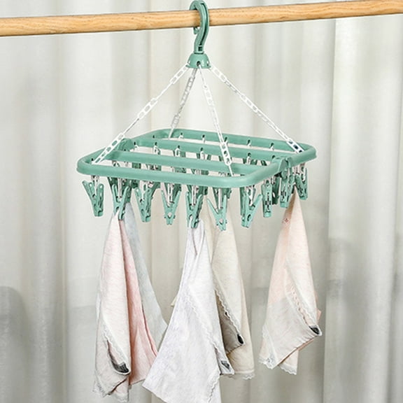 Bxaolu Foldable Clip and Drip Hanger with 32 Clips - Plastic Hanging Drying Rack for Clothes Underwear Socks