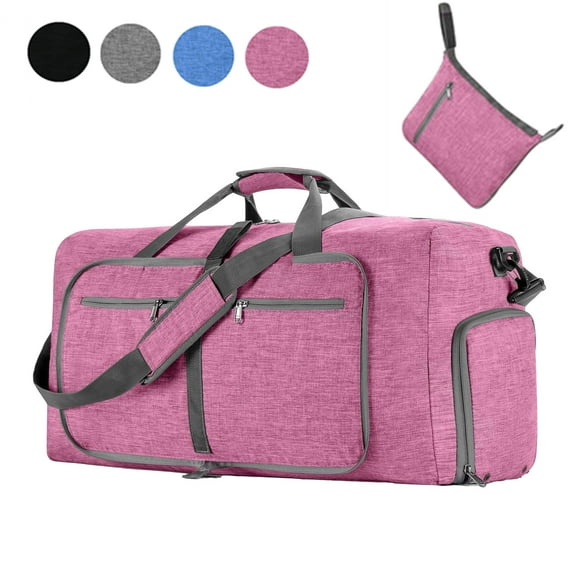 Bxaolu Foldable Travel Duffle Bag, 65L Packable Collapsible Waterproof Travel Duffel Bag for Men and Women with Shoes Compartment, Pink