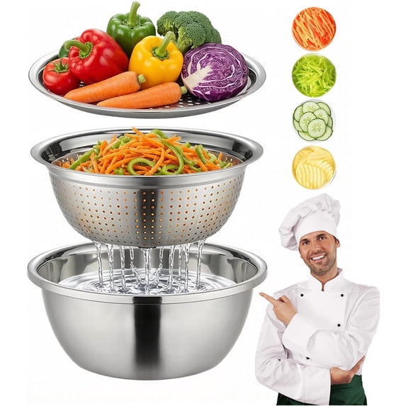 Bxaolu Germany Multifunctional Stainless Steel Basin,2026 New Shredding & Drainage Chopping Basin, 3-in-1 Strainer and Drain Basket for Vegetables Fruits,Rice Rinser Food Graters (11"/28cm)