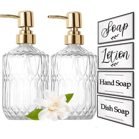 Bxaolu Glass Soap Dispenser - 2 Pack, 13.5 Oz Clear Refillable Hand Soap Dispensers with Rust Proof Pump, Refillable Liquid Hand Soap Dispenser Bottle for Dish Soap, Lotion, Shampoo