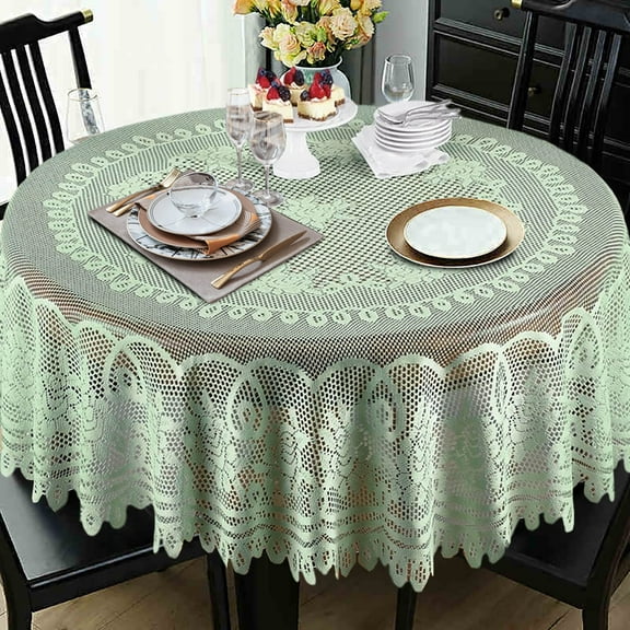Bxaolu Green Lace Round Tablecloths 70 Inch for Dining Room Kitchen Tables, Vintage Floral Table Cover with Scalloped Bottom for Wedding Party Christmas Banquet (1Pack)