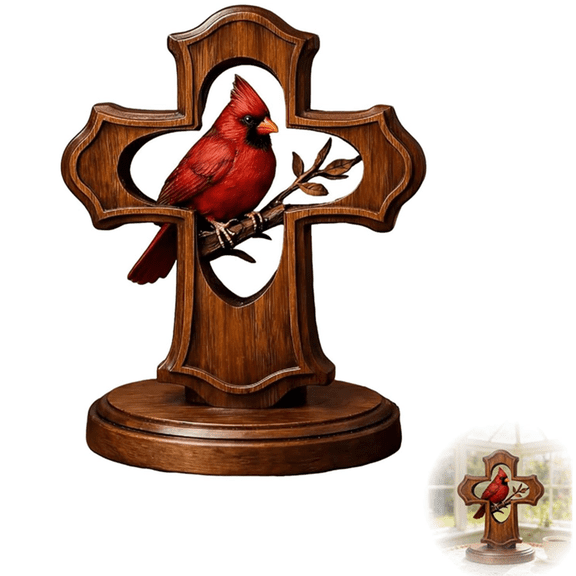 Bxaolu Handcrafted Cross Ornament, Wooden Memorial Gift with Crimson Cardinal and Olive Branch Design for Bereavement Sympathy, Christian Remembrance Keepsake for Home, Office, or Church Decor