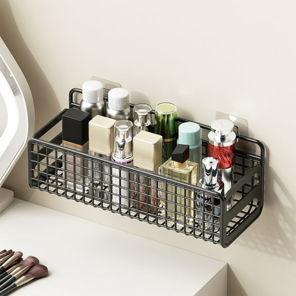 Bxaolu Hanging Storage Baskets Organizer Wall Mount, Metal Wire Storage Bin Rack with 2 Hooks for Kitchen Bathroom Shower Spice Shelf Home Decor Essentials Black-1 Pack