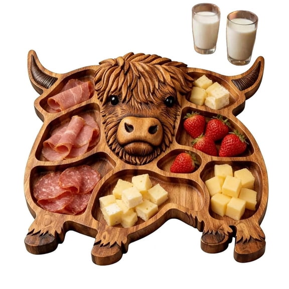 Bxaolu Highland Cow Wooden Charcuterie Serving Tray Charcuterie Boards, Cute Food Platter,Divided Compartments for Fruits, Cheese, Meats, Party Platter