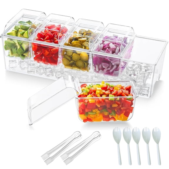 Bxaolu Ice Chilled Condiment Caddy, Stackable Chilled Condiment Containers, Serving Platters with Lid and 5 Removable Compartments, Set of 5 Serving Spoons & 2 Clips (Clear)
