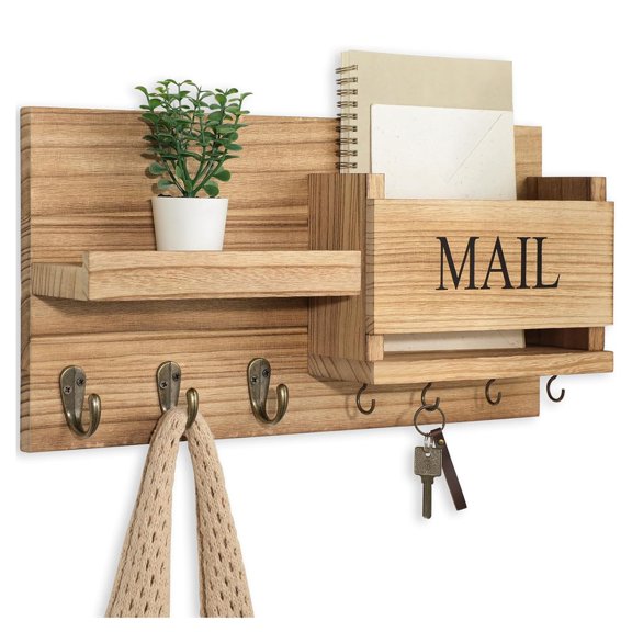 Bxaolu Key Holder Wall Mount, Wood Key and Mail Organizer for Wall (Drill), 7 Hooks Key Rack for Entryway Hallway Bedroom Farmhouse Home Decor (Khaki)