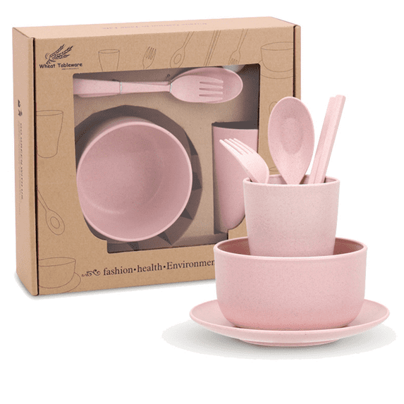 Bxaolu Kitchen Dinnerware Bowl Sets Unbreakable Dinner Plates Bowl Dinnerware, Fork, Spoon, Cup, Chopsticks (6Pcs, Pink)