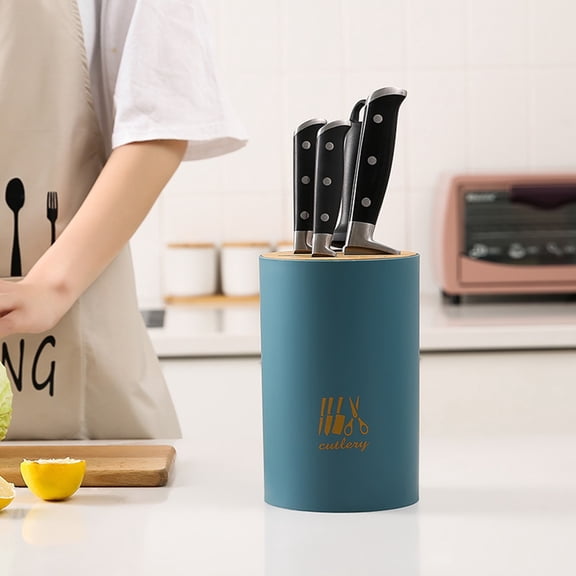 Bxaolu Kitchen Knife Block with Slots for Scissors and Sharpening Rod - Round Plastic & Wood Knife Block For Safe, Space Saver Knives Storage - Blue