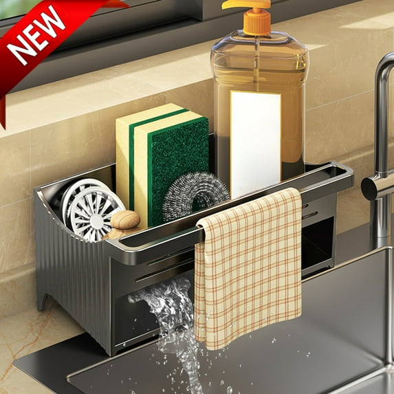 Bxaolu Sink Caddy, Kitchen Sink Organizer with Sponge Holder and Drain Hole, Quick Drying, Plastic Kitchen Caddy Organizer for Sponges, Brushes & Soap, Gray