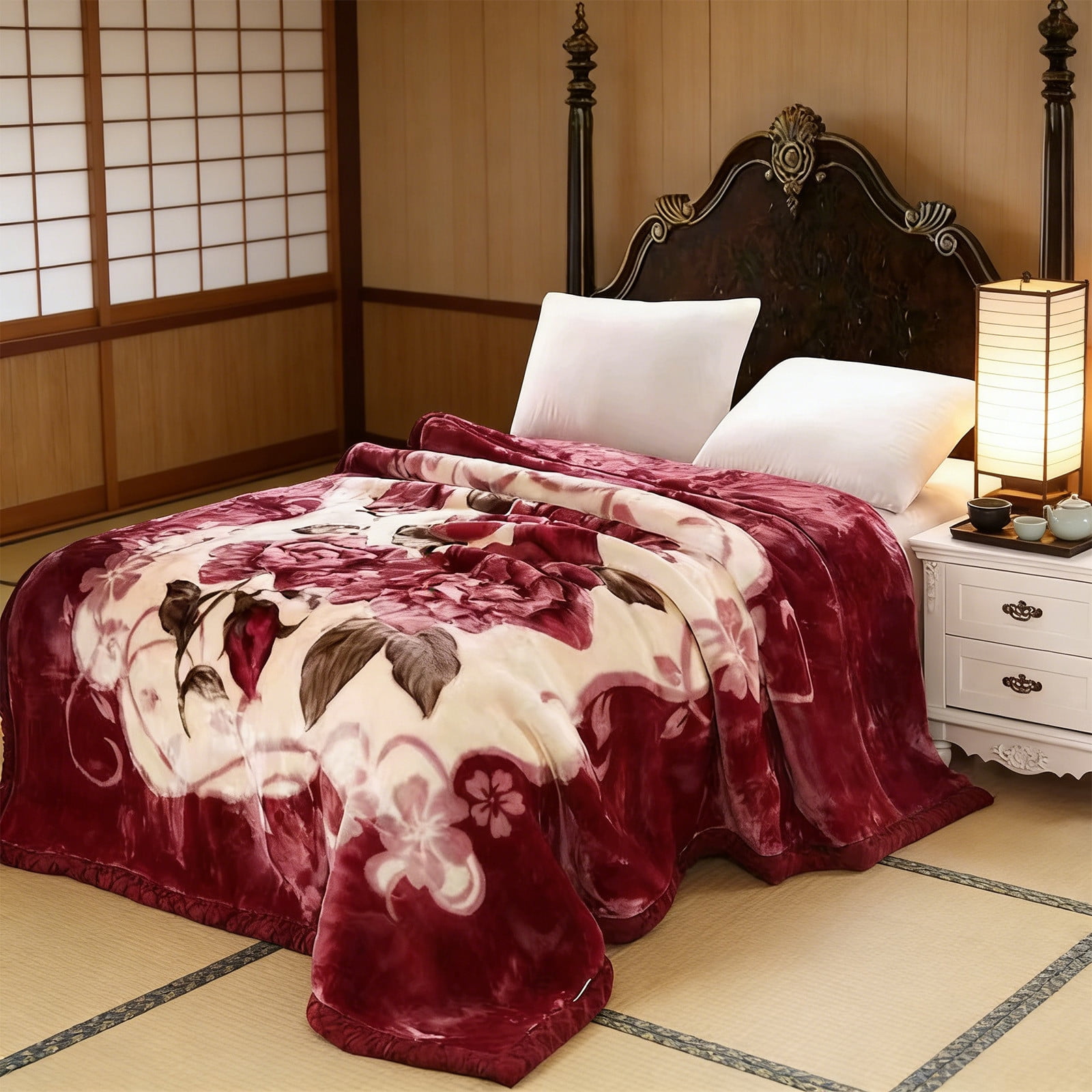 Bxaolu Korean Mink Blanket, Fleece Bed Blanket - 2 Ply Reversible Silky Soft Plush Warm Blanket for Autumn Winter, Floral Printed Bed Blanket, 59"x79", Multicolor
