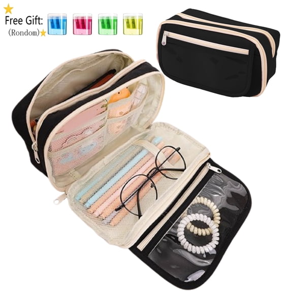 Bxaolu Large Capacity Pencil Case 4 Compartment Pouch Pen Bag for Home Office Men Women (Black)