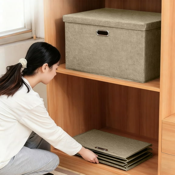 Bxaolu Large Collapsible Storage Bins with Lid [1-Pack] Linen/Cotton Blend Foldable Storage Boxes Organizer Containers Baskets Cube with Cover for Home Bedroom Closet Office (Beige,14.5x10.6x10.2)