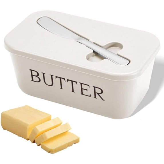 Bxaolu Large Plastic Butter Dish With Lid And Knife, Food Grade, Dishwasher Safe Butter Holder Keeper With Cover For Kitchen Refrigerator White Butter Container