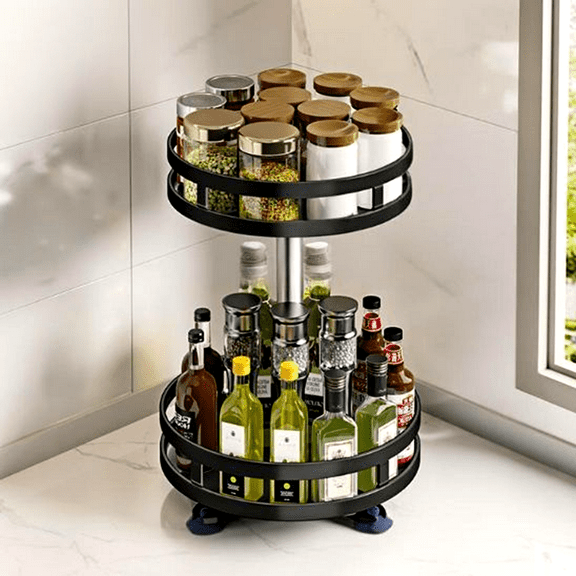 Bxaolu Lazy Susan Organizer Spice Rack - 2 Tier Spice Organization for Cabinet, Metal Seasoning Organizer Lazy Turntable Spice Organizer for Table Top Pantry Kitchen Storage (17 inch, Black)