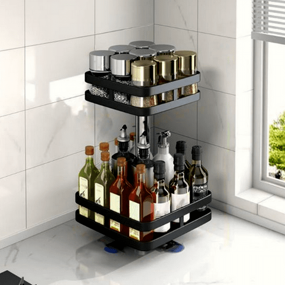 Bxaolu Lazy Susan Turntable Organizer - 2 Tier Metal Rotating Spice Rack 17 Inch Lazy Susan for Kitchen Countertop Cabinet Pantry Cupboard Dining Table Bathroom Coffee Bar Home Storage, Black