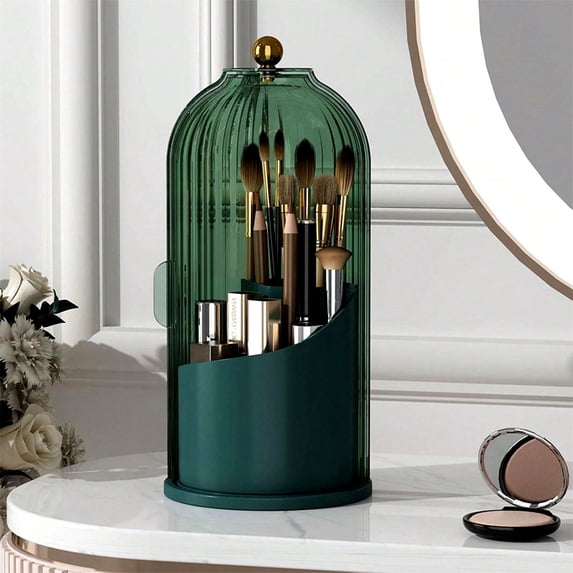 Bxaolu Makeup Brush Holder with Lid 360 Rotating Makeup Brush Organizer, Dustproof Waterproof with 3 Compartments for Organized Storage, Dressing Tables Clear Storage Skincare Cosmetic
