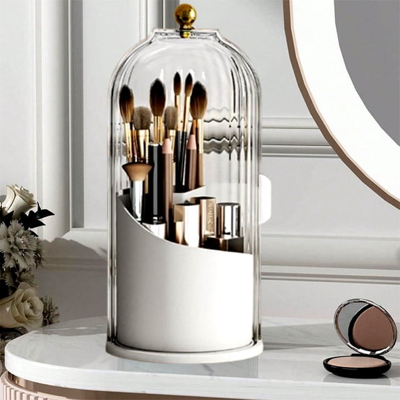 Bxaolu Makeup Brush Holder with Lid 360 Rotating Makeup Brush Organizer, Dustproof Waterproof with 3 Compartments for Organized Storage, Dressing Tables Clear Storage Skincare Cosmetic