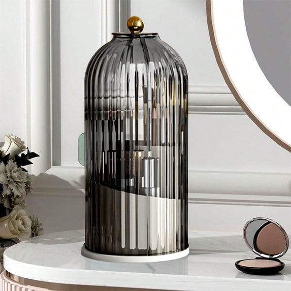 Bxaolu Makeup Brush Holder with Lid 360 Rotating Makeup Brush Organizer, Dustproof Waterproof with 3 Compartments for Organized Storage, Dressing Tables Clear Storage Skincare Cosmetic