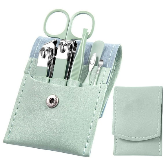 Bxaolu Manicure Set - 7 Pieces Professional Travel Nail Clippers with Leather Bag, Stainless Steel Nail Care Tools Grooming Kit for Women Men, Green