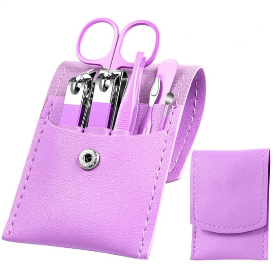 Bxaolu Manicure Set - 7 Pieces Professional Travel Nail Clippers with Leather Bag, Stainless Steel Nail Care Tools Grooming Kit for Women Men, Purple
