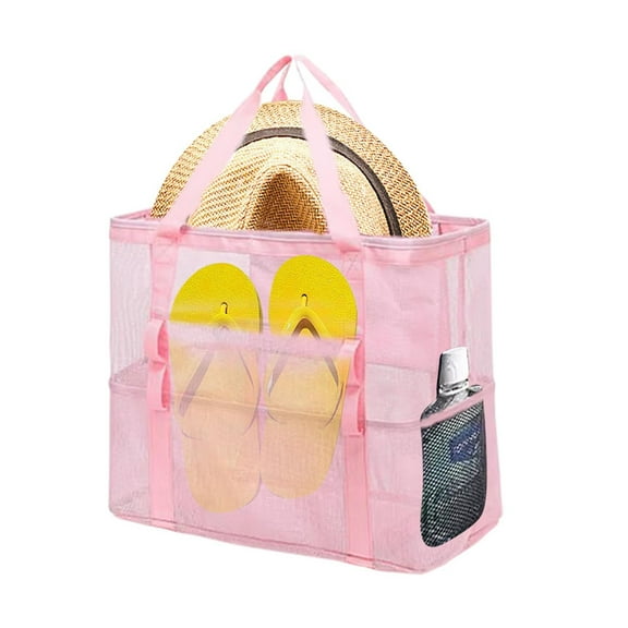 Bxaolu Mesh Beach Bag, Large Beach Tote with Pocket for Family Pool Bag for Toys, Vacation Essentials (Pink)